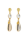 Pair of gold and pearl earrings on a white background