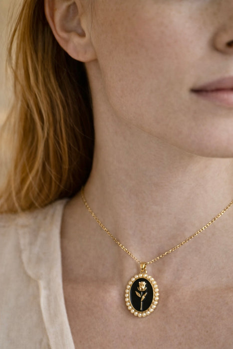 Vintage Rose Pendant Necklace Black