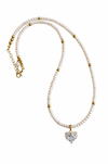 Pearl necklace with a heart-shaped diamond pendant on a white background