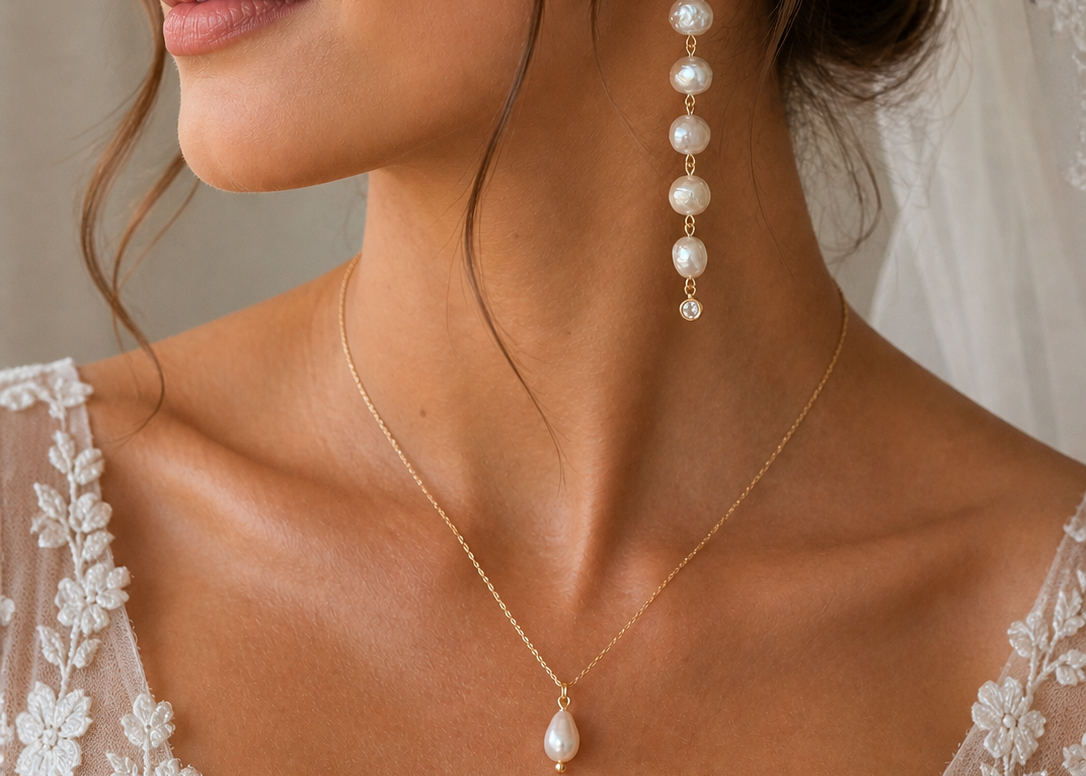 Bride wearing pearl earrings and necklace with a neutral background