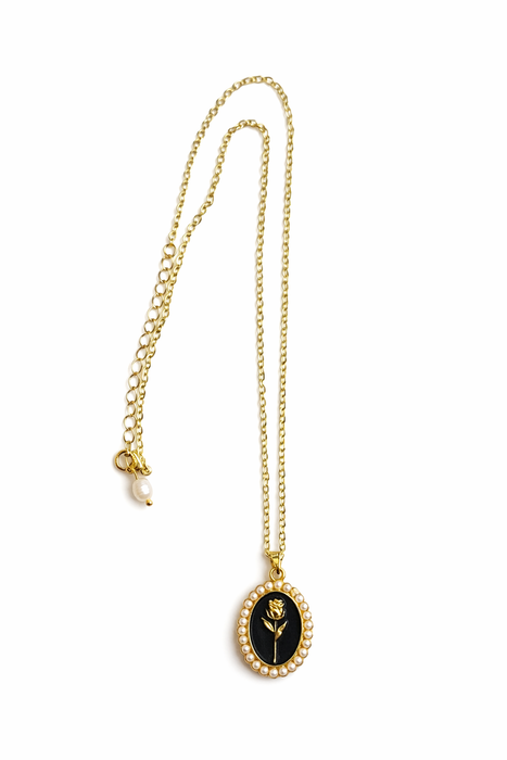 Vintage Rose Pendant Necklace Black