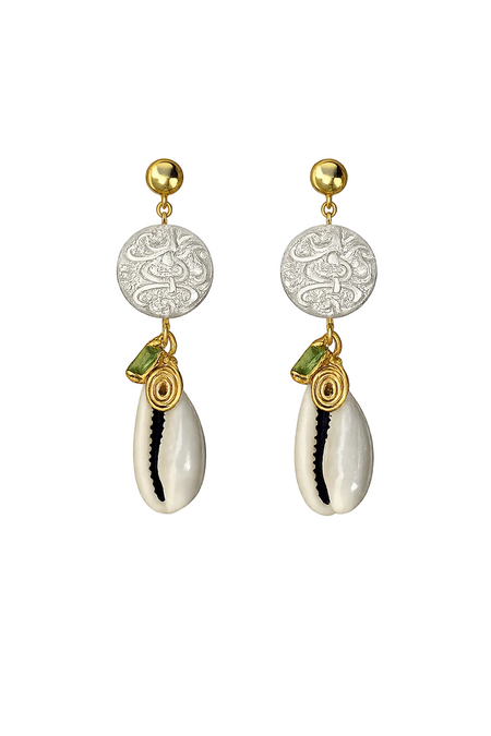 Pair of earrings with gold and silver designs on a white background