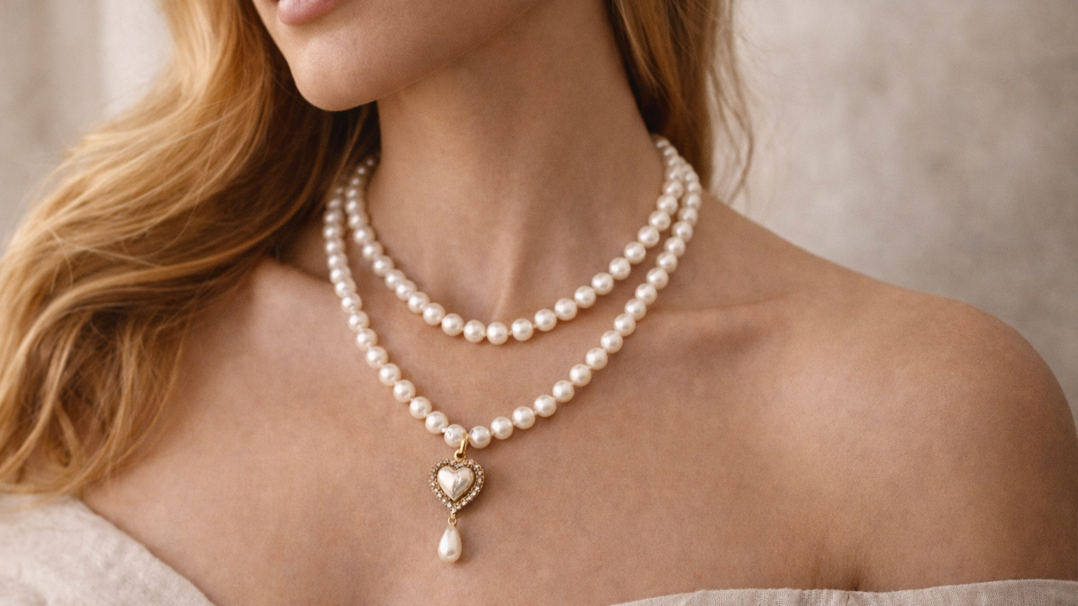 Pearl necklace with a heart pendant worn by a model against a neutral background