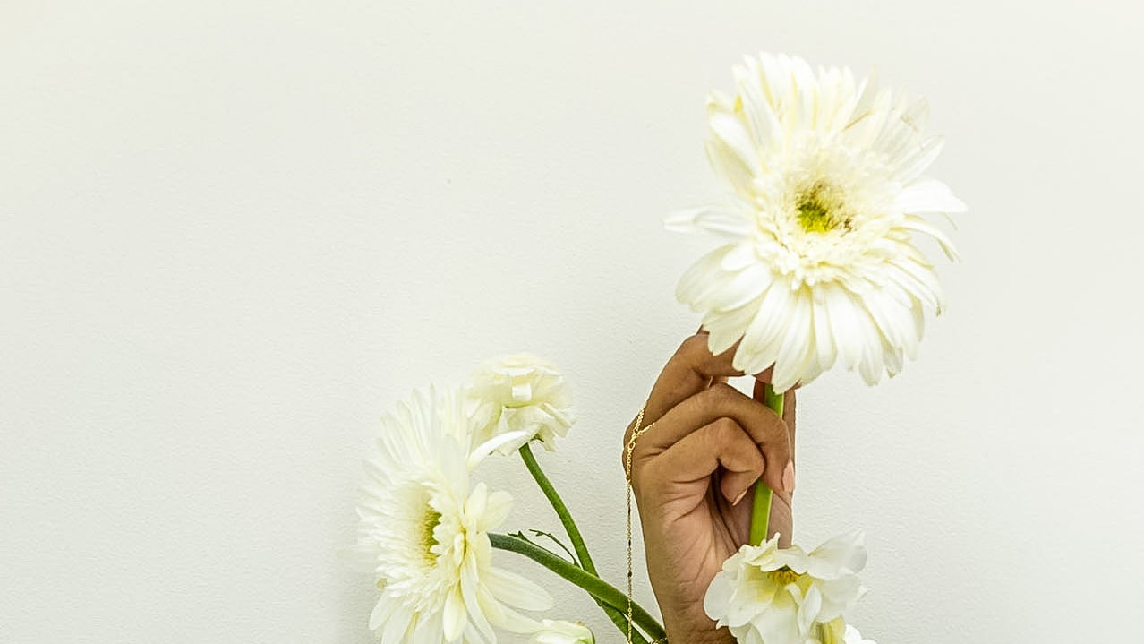 Person holding white flowers against a light background