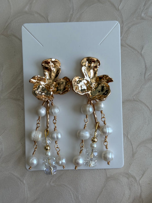 Golden Orchid Freshwater Pearl Statement Earrings