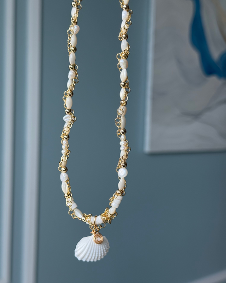 Necklace with shell charm on a blue background