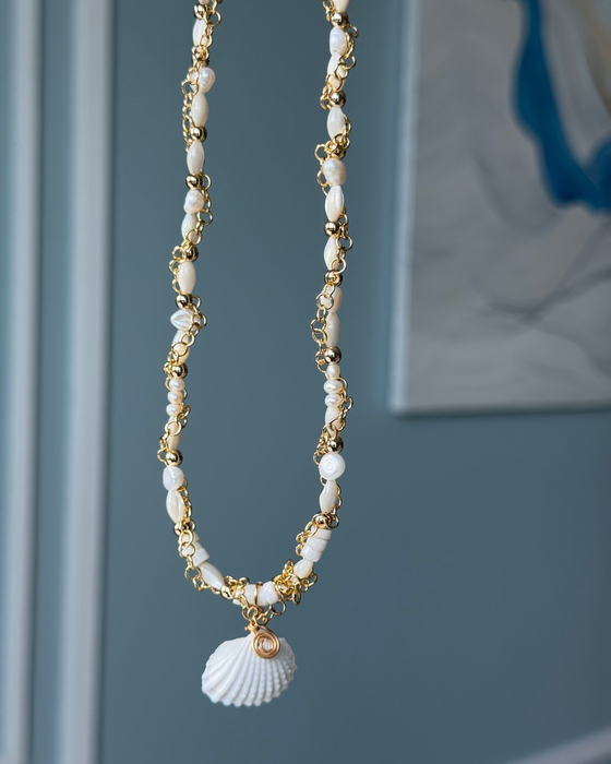 Necklace with shell charm on a blue background