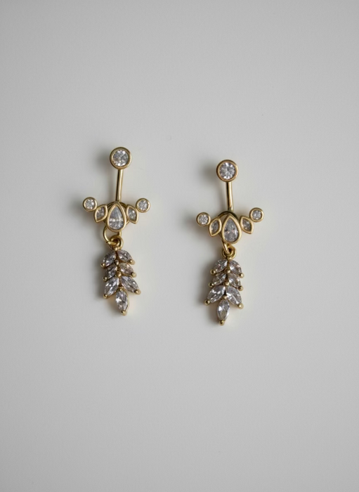 Gold-plated earrings on a clear card with text about material and characteristics.